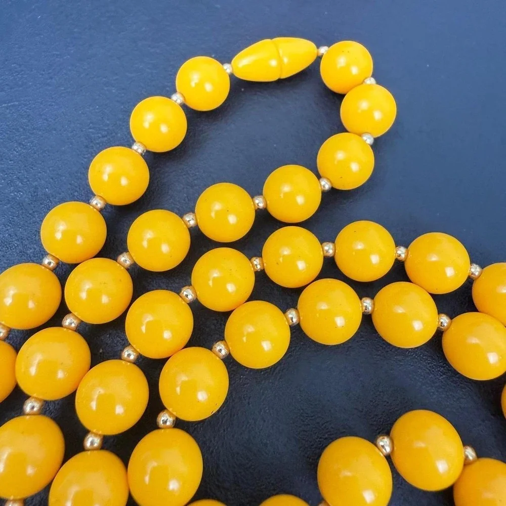 Vintage Yellow Bead Necklace Gold Tone Spacer Single Strand Retro Round Plastic